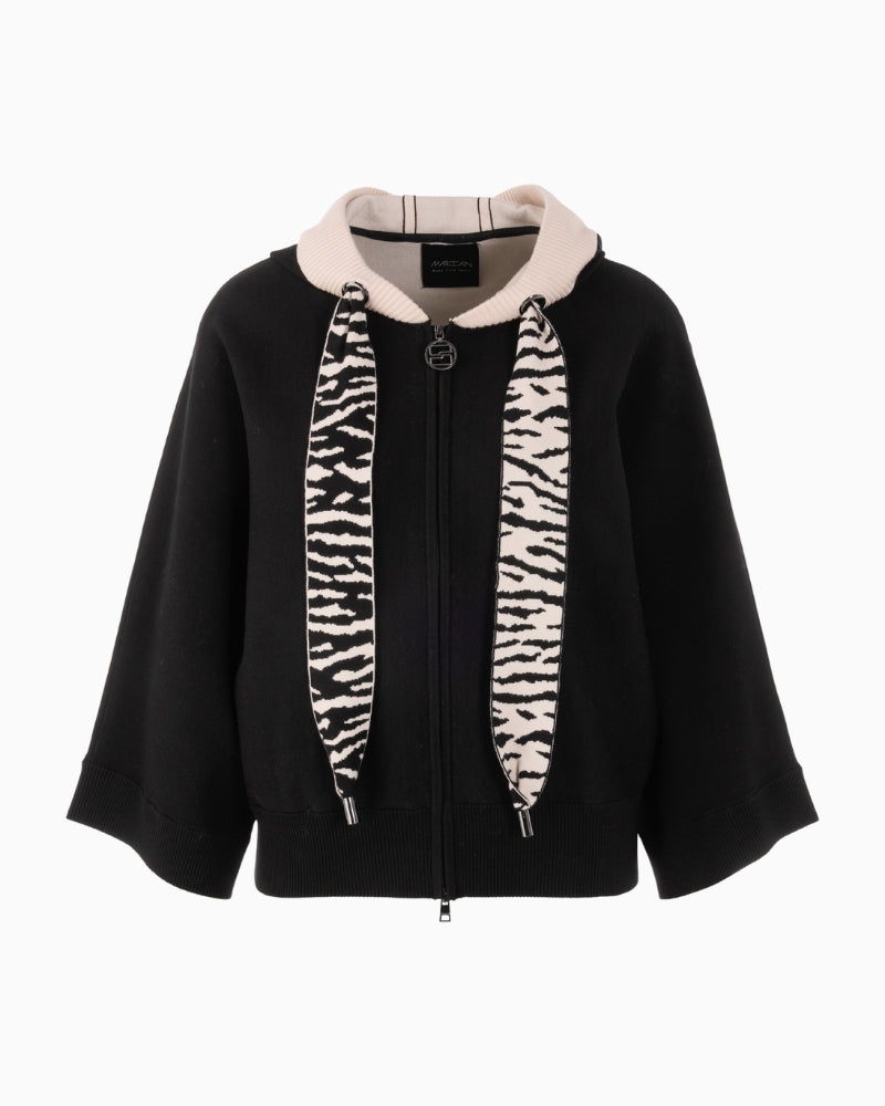 Front view of loose-fit Marc Cain knit cardigan with zip fastening