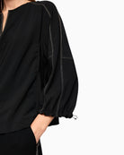 Close-up of soft stretch fabric in polyamide blend with V-neck cut