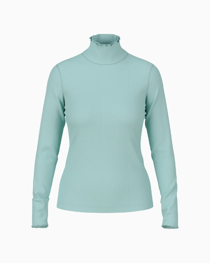 Front view of Marc Cain ribbed turtleneck shirt with slim fit and rolled neckline