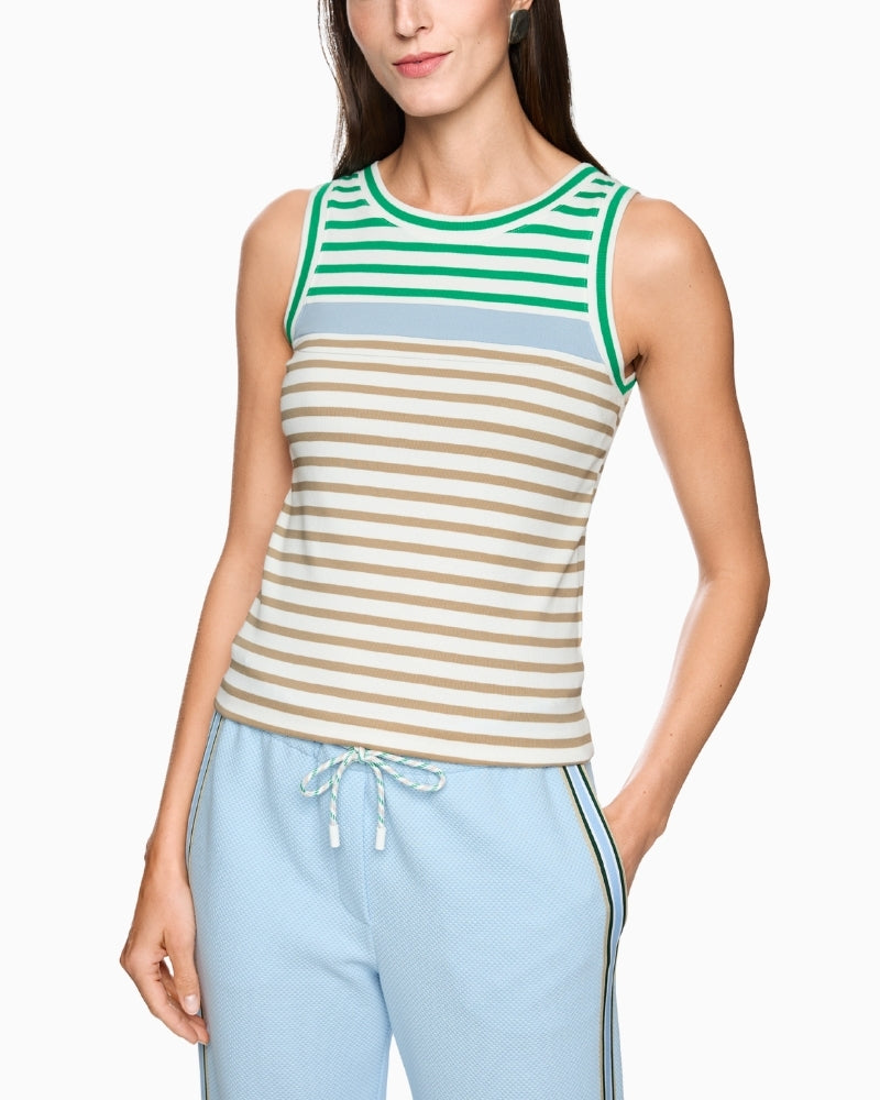 Marc Cain sleeveless striped cotton top green and beige front view – Áines Boutique