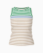 Marc Cain sleeveless striped cotton top green and beige front view – Áines Boutique