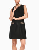 Front view of Marc Cain sleeveless wool dress with front zip and contrast collar