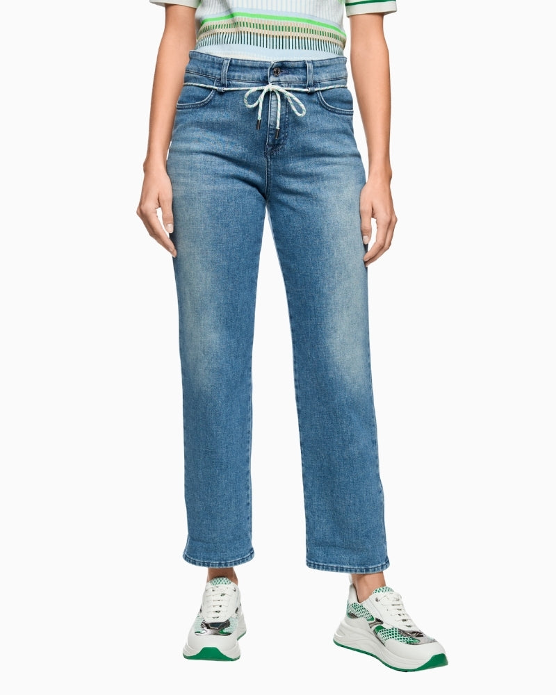 Marc Cain blue straight leg denim pants front view with drawstring waist – Áines Boutique