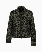 Marc Cain cropped jacket in olive drab with floral leopard print and zip front