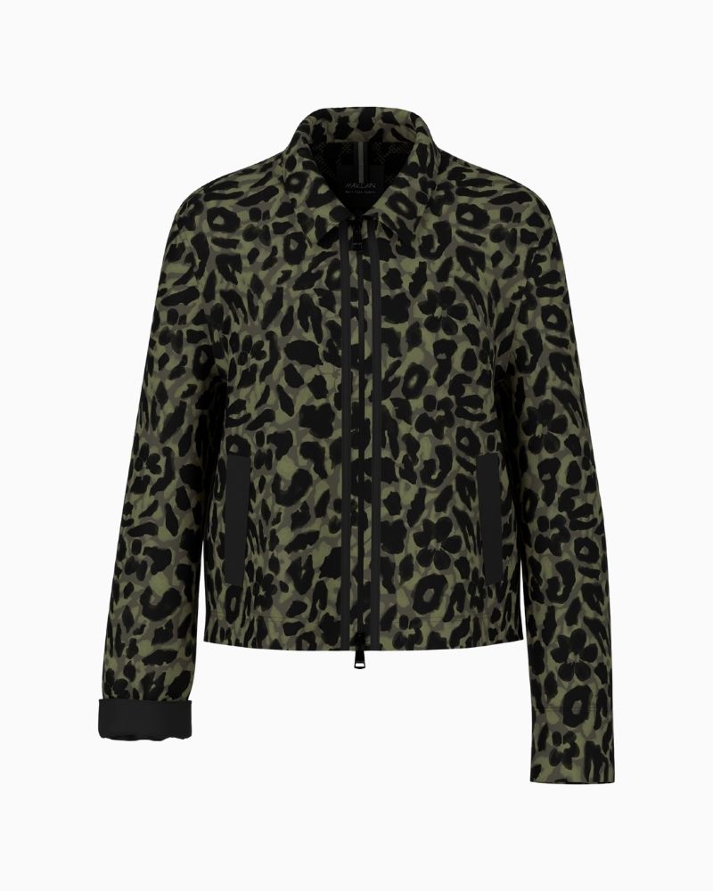 Marc Cain cropped jacket in olive drab with floral leopard print and zip front