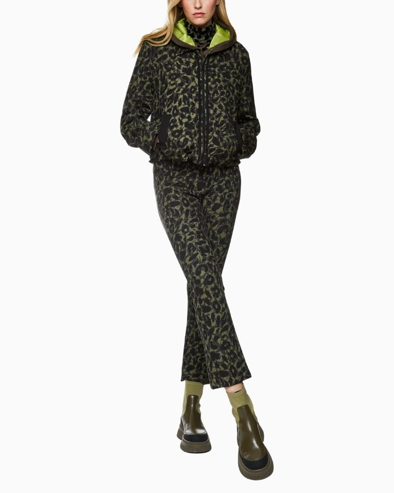 Marc Cain cropped jacket in olive drab with floral leopard print and zip front