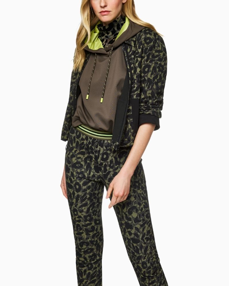 Marc Cain cropped jacket in olive drab with floral leopard print and zip front