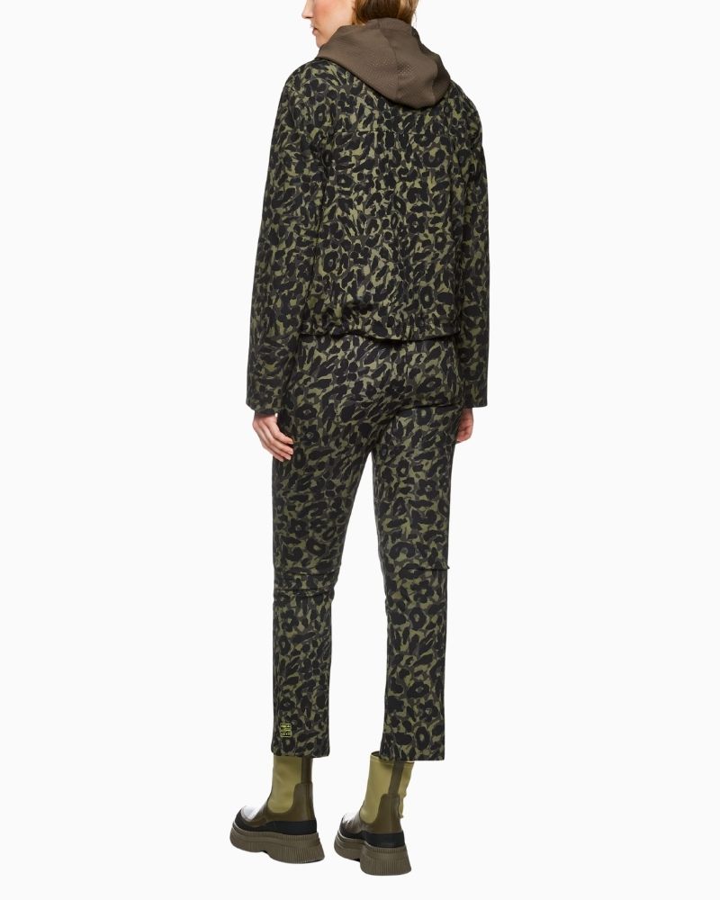 Back of Marc Cain cropped jacket in olive drab with floral leopard print and zip front