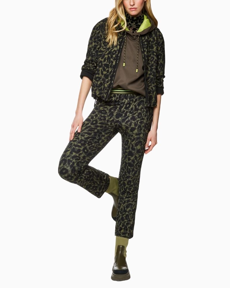 Marc Cain cropped jacket in olive drab with floral leopard print and zip front