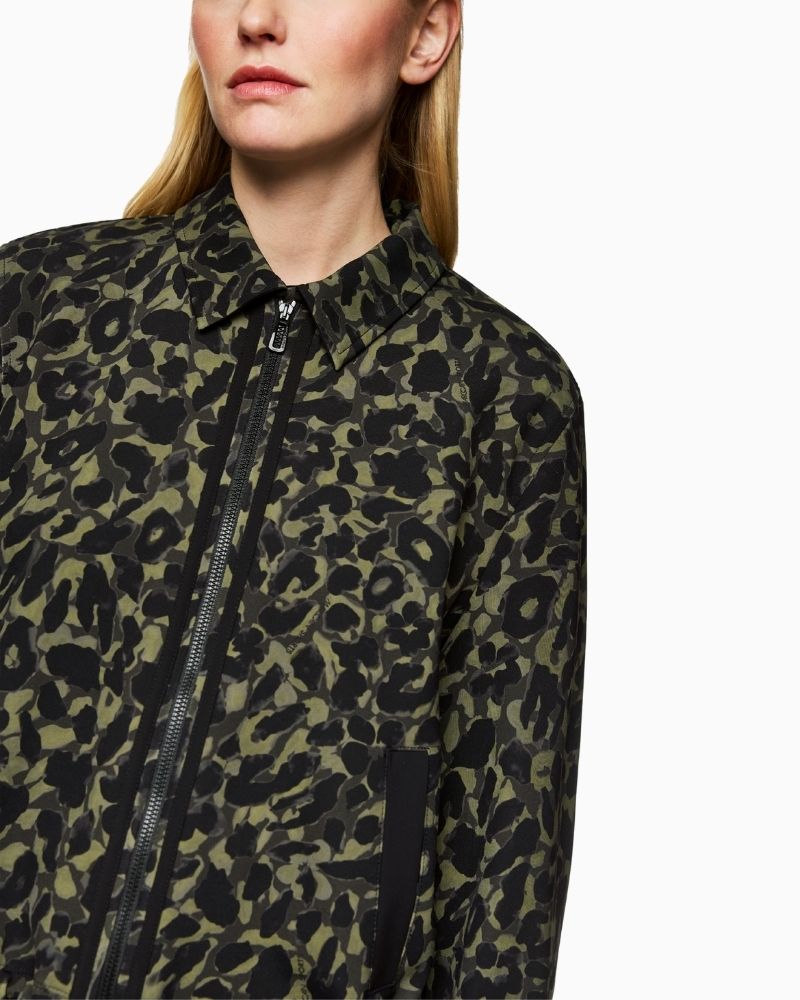 Close up of Marc Cain cropped jacket in olive drab with floral leopard print and zip front