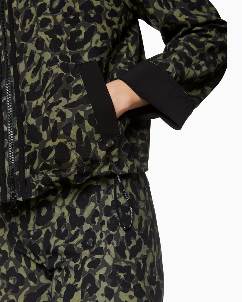 Close up of Marc Cain cropped jacket in olive drab with floral leopard print and zip front