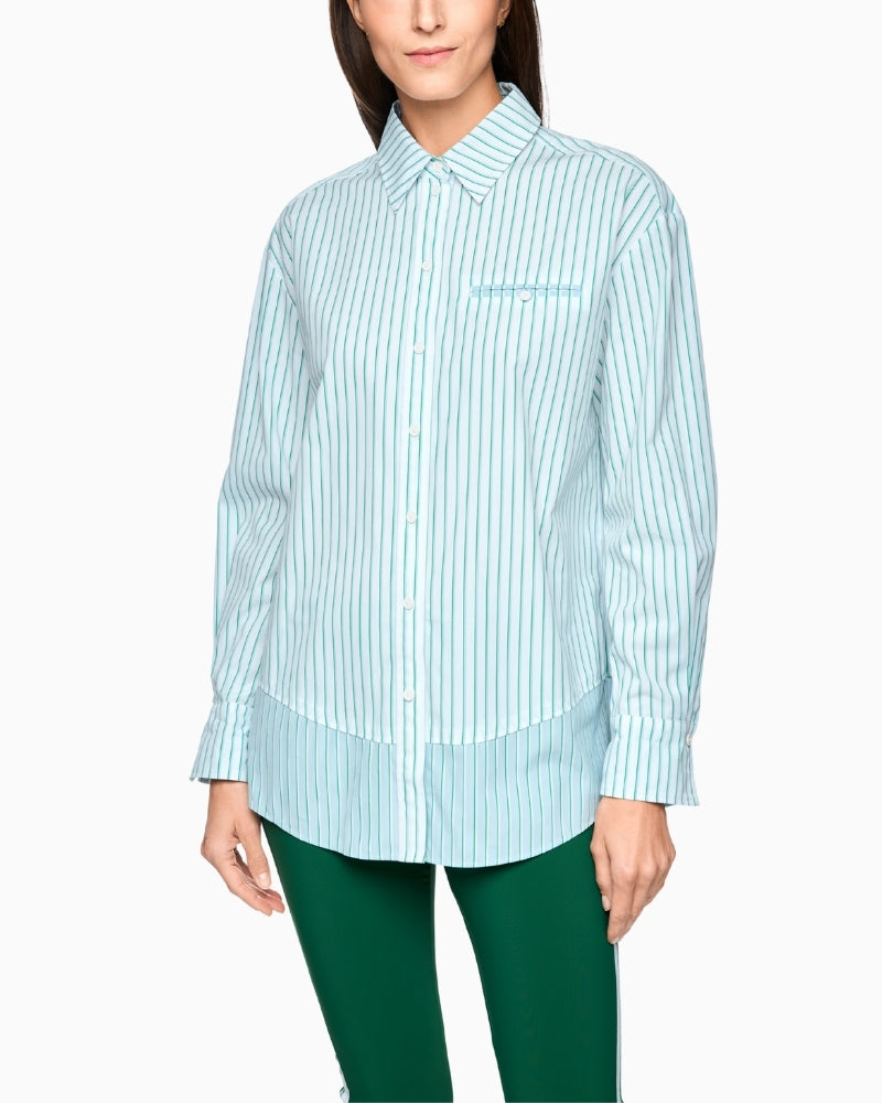 Marc Cain light blue striped cotton shirt front view – Áines Boutique