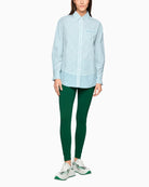 Woman wearing Marc Cain striped shirt full outfit – Áines Boutique