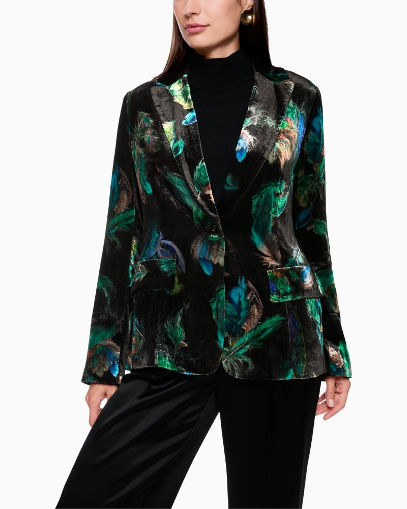Velvet blazer by Marc Cain with mystical feather print and soft tailored fit