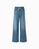 Marc Cain blue wide leg denim trousers front view with drawstring waist – Áines Boutique