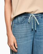 Marc Cain denim trousers waistband and drawstring detail close-up – Áines Boutique