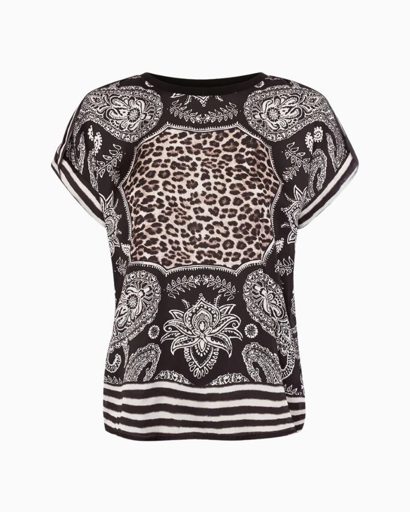 Front lay view of satin blouse with jersey back and round neckline