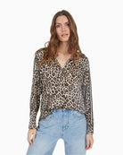 Marc Aurel blouse with leopard print and stripes in soft viscose satin, front view