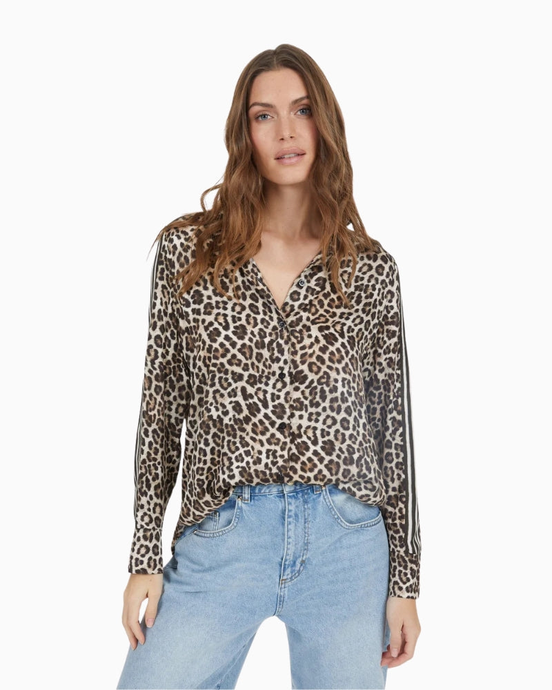Marc Aurel blouse with leopard print and stripes in soft viscose satin, front view