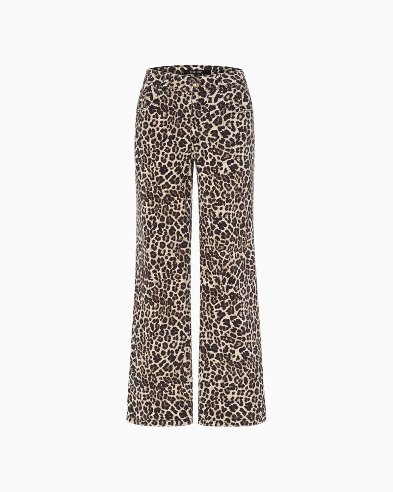 Front view of Marc Aurel leopard print trousers in soft brown cotton stretch