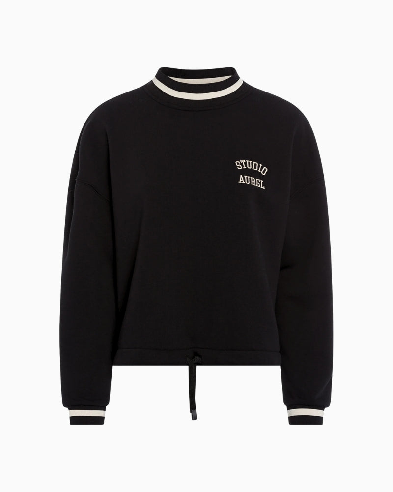 Front view of logo sweatshirt showing round neckline and embroidered chest