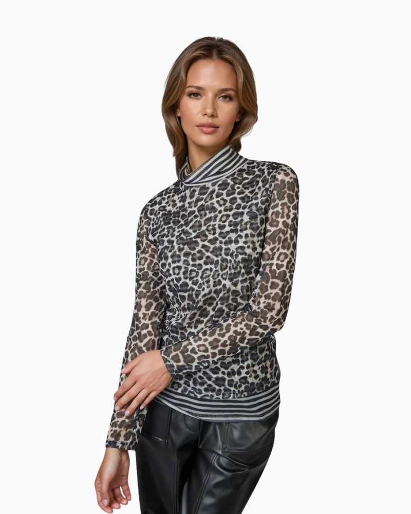 Marc Aurel mesh turtleneck top with double-layer print, front view