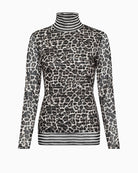 Front view showing sheer leopard mesh overlay and striped inner layer