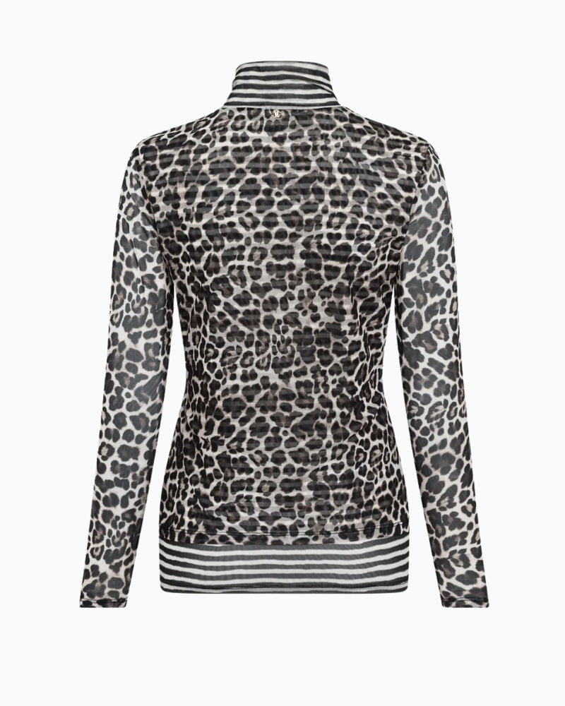 Back view of slim-fit mesh top with turtleneck and mixed prints