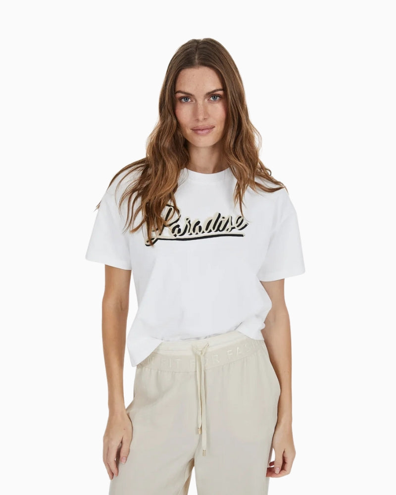 Marc Aurel cropped cotton T-shirt with bold “Paradise” embroidery – front view