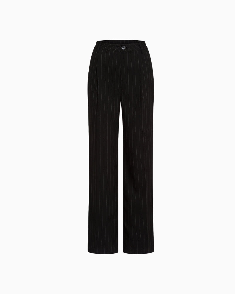 Detailed view of pinstripe fabric and pleated front detail