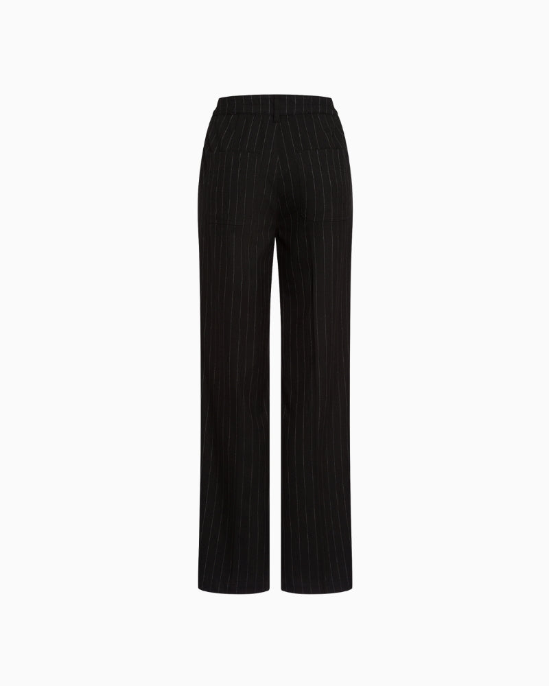 Back view of full-length pinstripe trousers in flannel blend