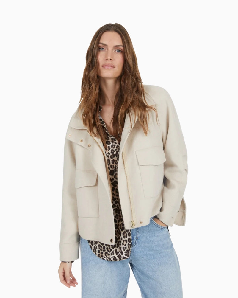 Front view of Marc Aurel double-face wool jacket in sand