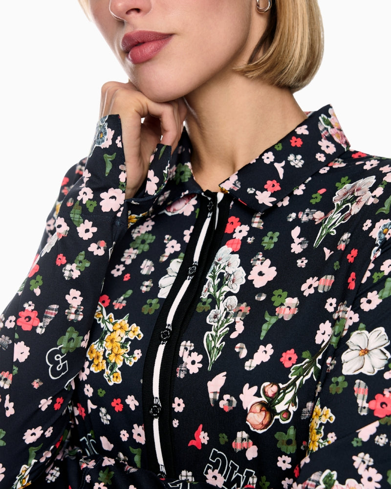 Marc Cain Blouse with All-Over Print in Navy button placket detail
