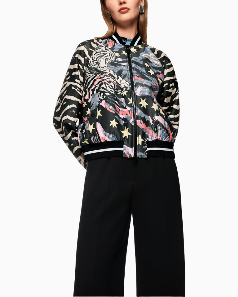 Marc Cain blouson jacket with comic print black front view on woman wearing it – Áines Boutique