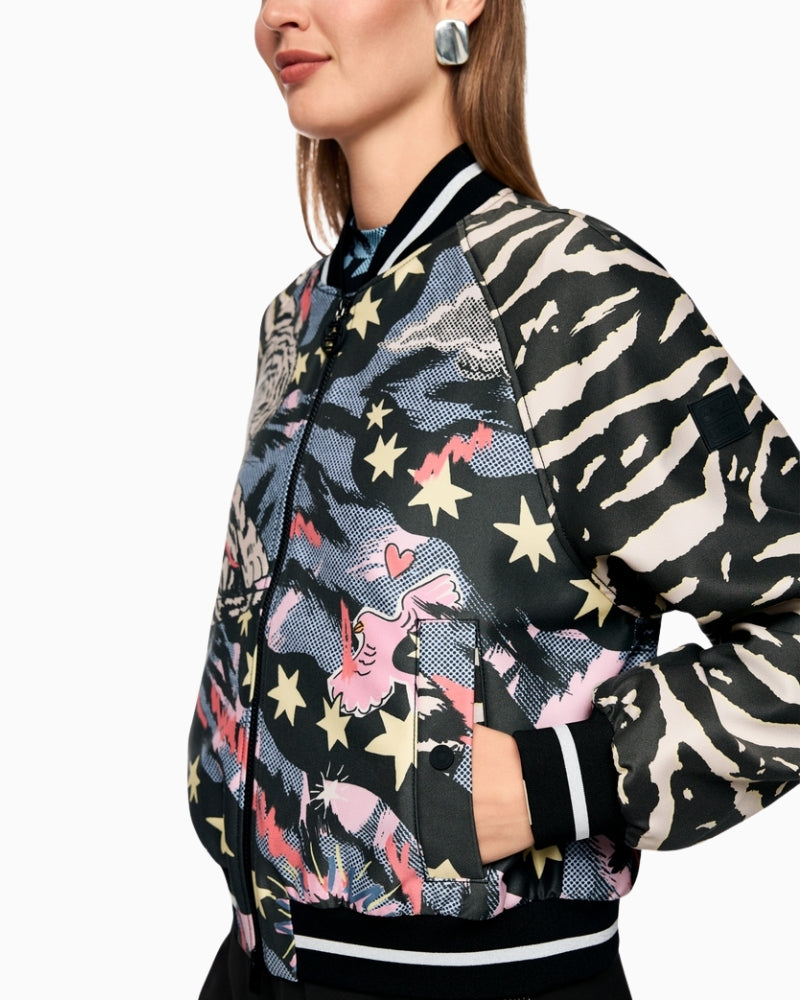 Marc Cain blouson jacket with comic print black side view on woman wearing it – Áines Boutique