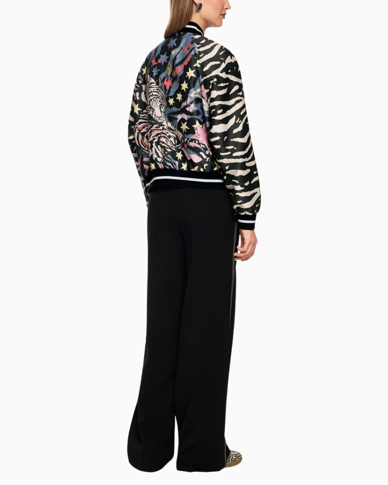 Marc Cain blouson jacket with comic print black back view on woman wearing it – Áines Boutique