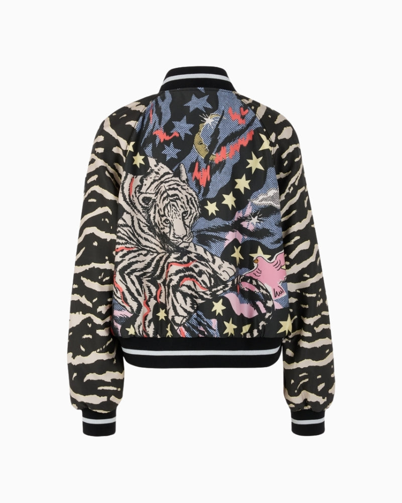 Marc Cain blouson jacket with comic print black flat lay back view– Áines Boutique