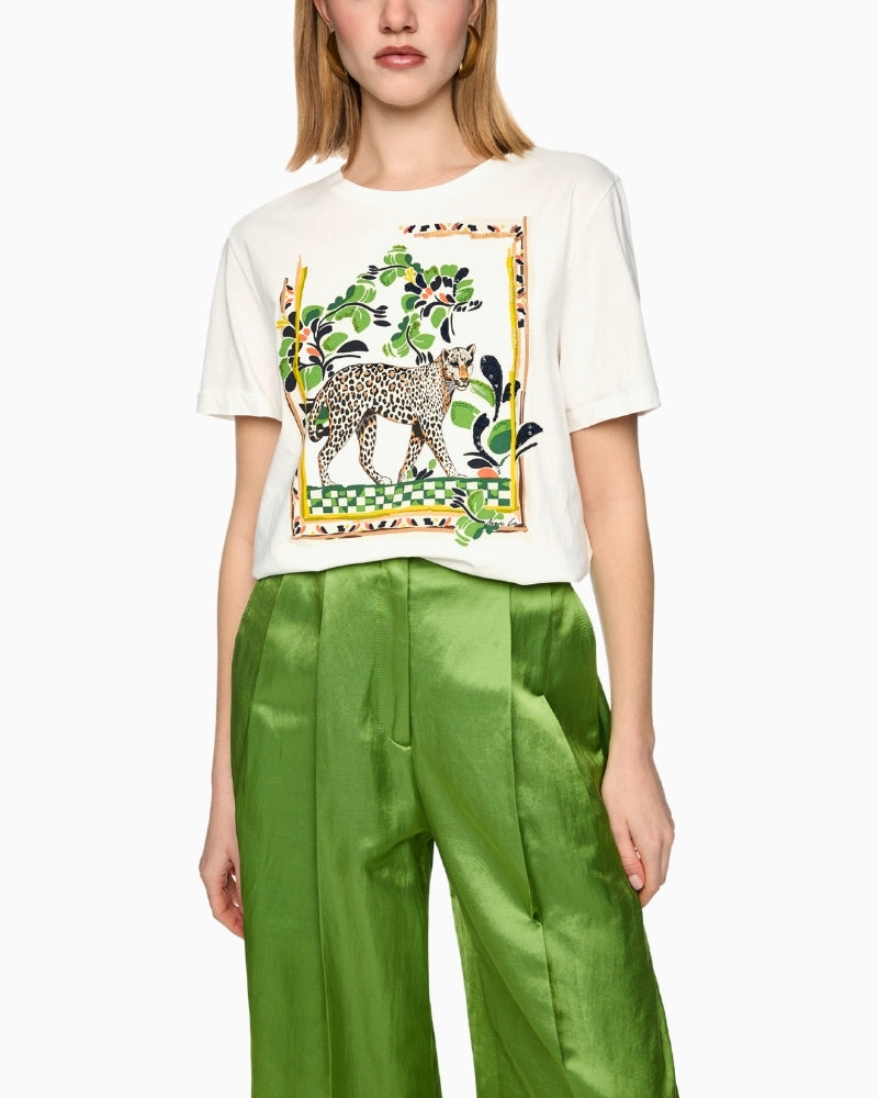Marc Cain Cotton T-Shirt with Leopard Motif in Off-White front view