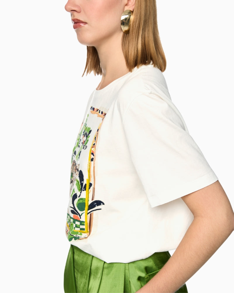 Marc Cain Cotton T-Shirt with Leopard Motif in Off-White side view