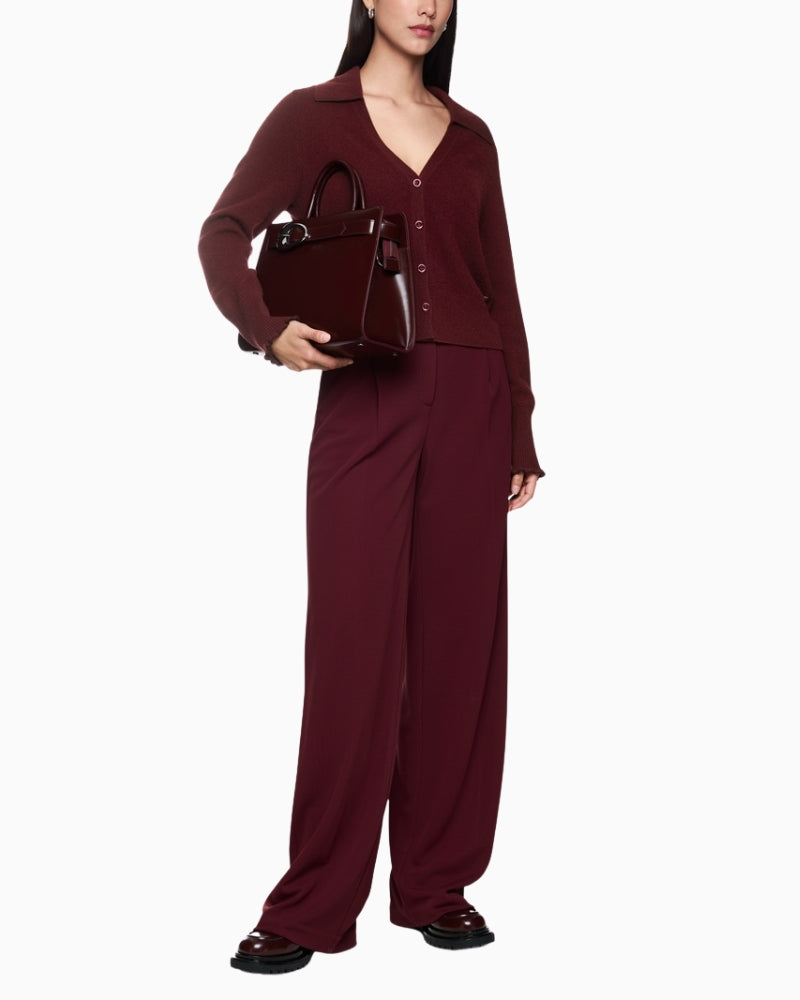 Side profile of elegant collared cardigan in cosy cashmere