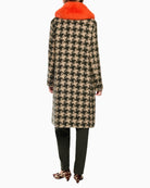 Marc Cain Houndstooth Coat with Faux Fur Collar in Beige/Green back view