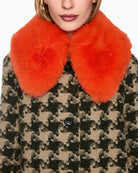 Marc Cain Houndstooth Coat with Faux Fur Collar in Beige/Green collar detail