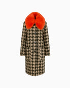 Marc Cain Houndstooth Coat with Faux Fur Collar in Beige/Green fabric detail