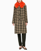 Marc Cain Houndstooth Coat with Faux Fur Collar in Beige/Green front view