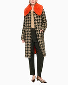 Marc Cain Houndstooth Coat with Faux Fur Collar in Beige/Green styled view