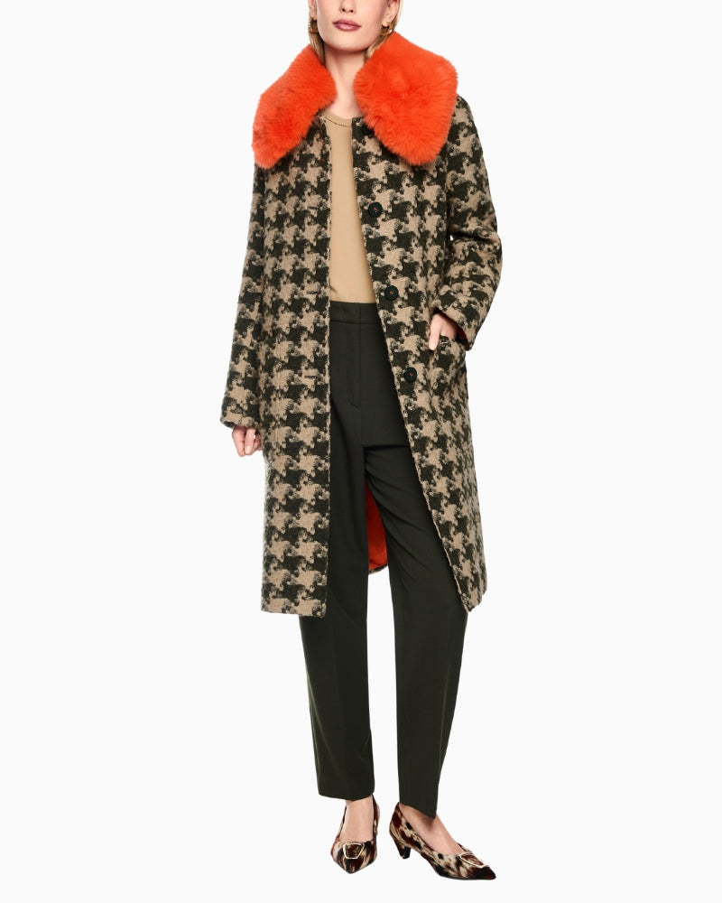 Marc Cain Houndstooth Coat with Faux Fur Collar in Beige/Green styled view