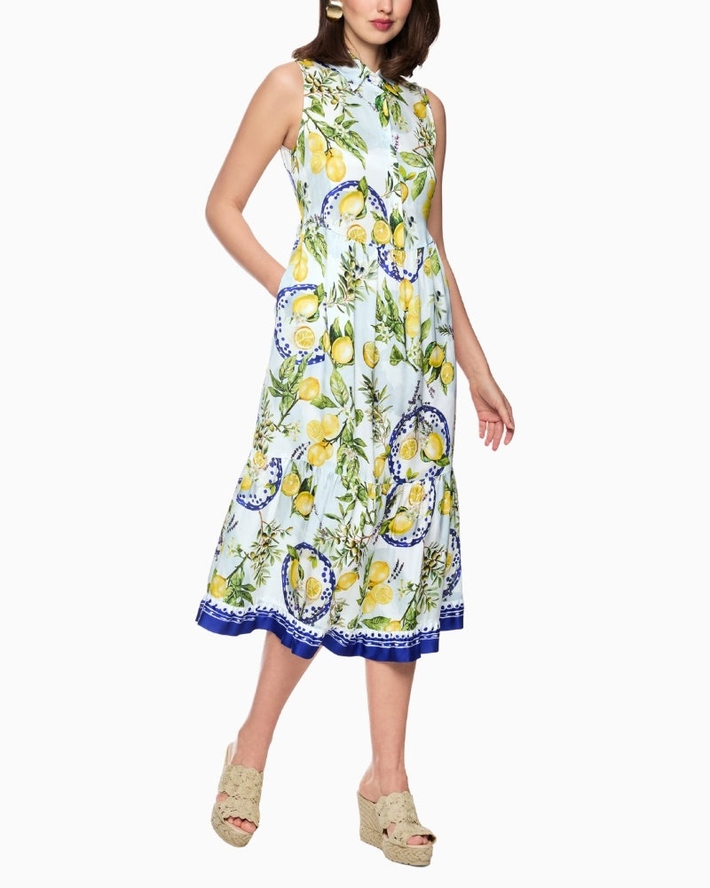 Marc Cain Lemon and Olive Print Viscose Dress in white angled model view