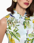 Marc Cain Lemon and Olive Print Viscose Dress in white close-up of collar and print