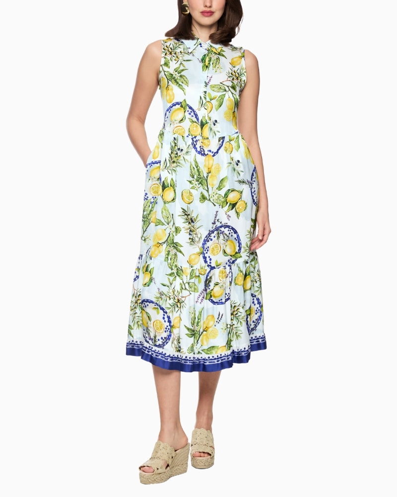 Marc Cain Lemon and Olive Print Viscose Dress in white full-length front model view