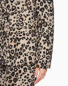 Close-up of leopard print fabric texture and button detail
